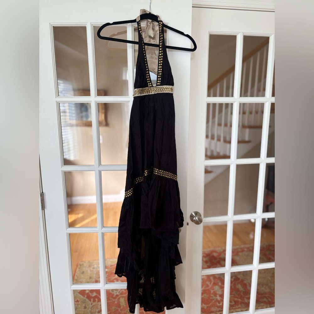 Vix Black and Gold Ruffled Halter Gown